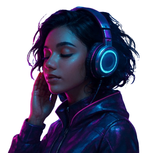 Futuristic girl listening to music in neon environment